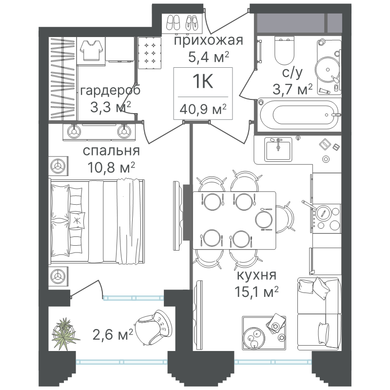 2 ккв (Евро) 40,9 м²