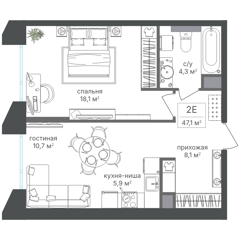2 ккв (Евро) 47,2 м²