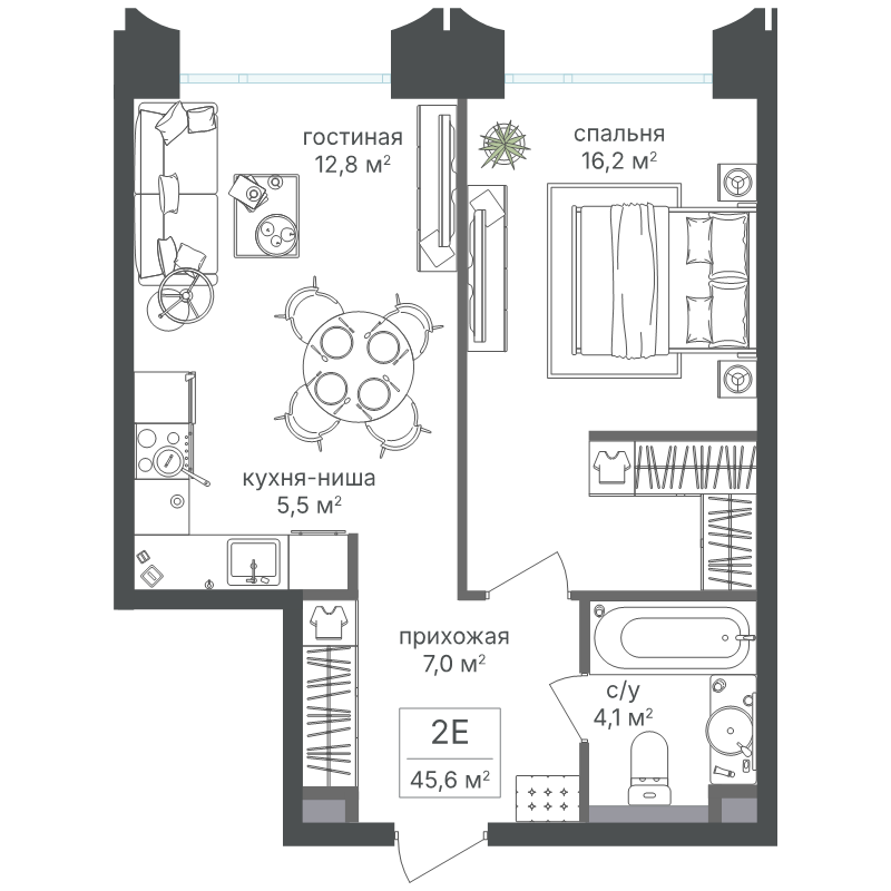 2 ккв (Евро) 45,5 м²