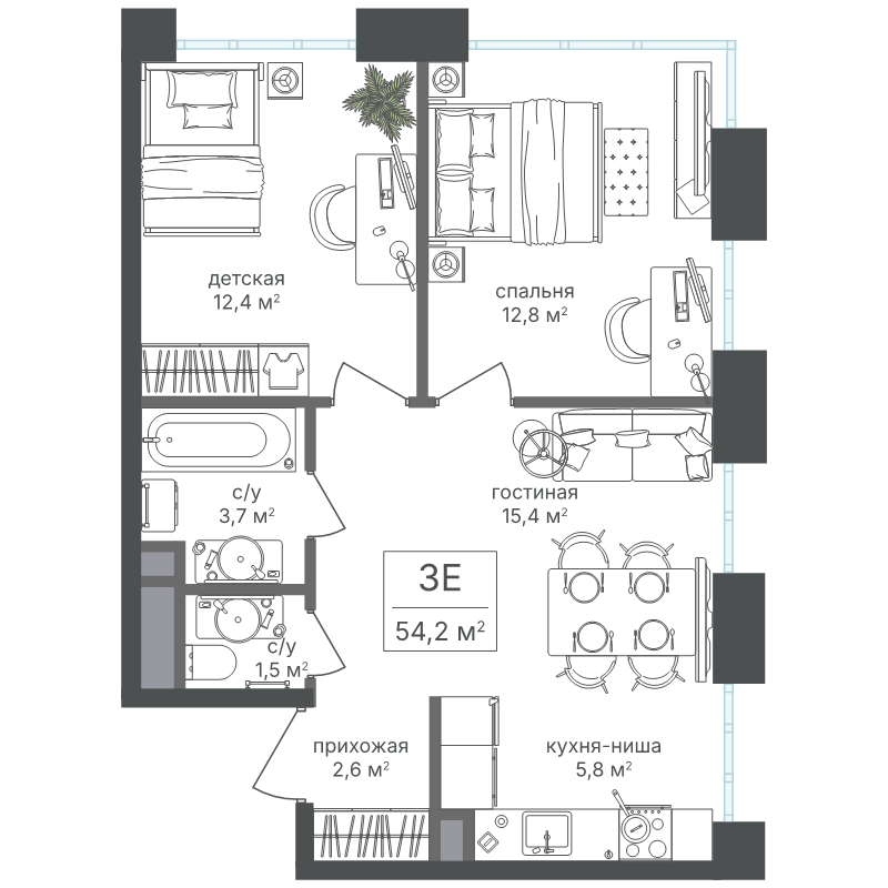 3 ккв (Евро) 54,2 м²