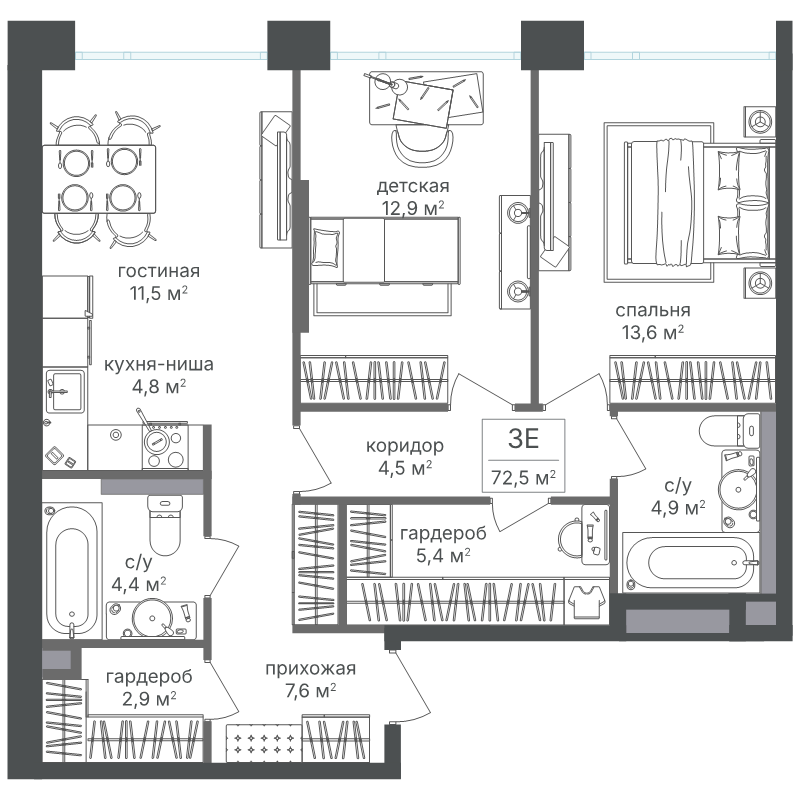 3 ккв (Евро) 73,1 м²