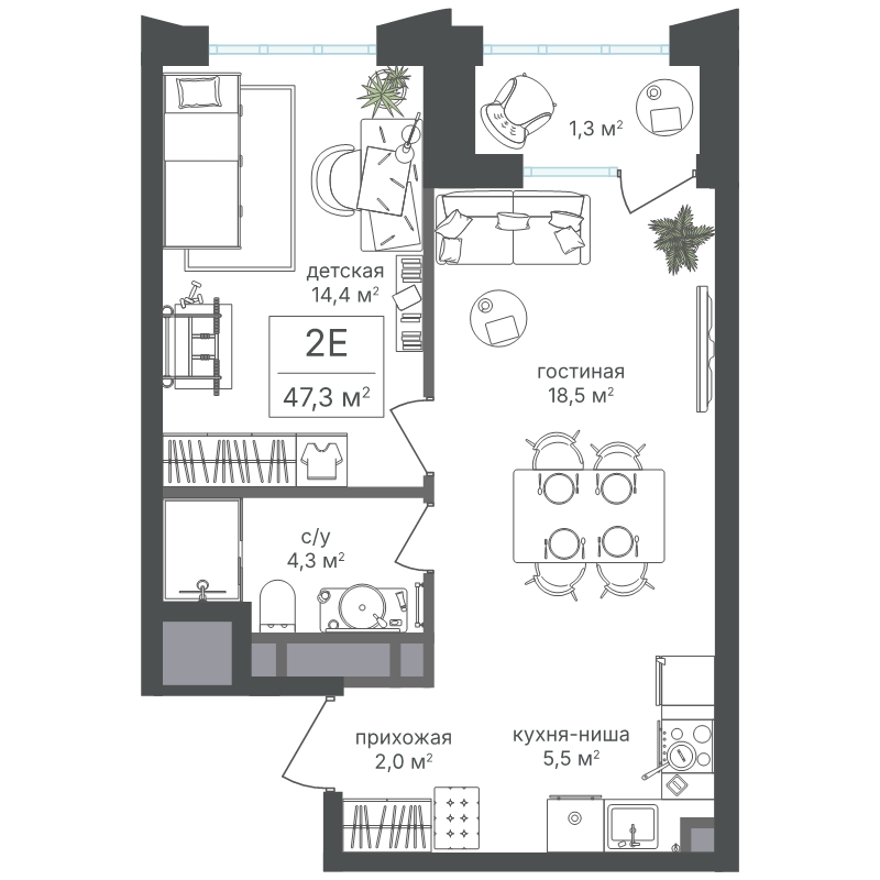 2 ккв (Евро) 46 м²