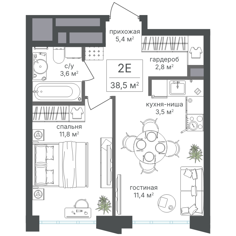 2 ккв (Евро) 38,5 м²