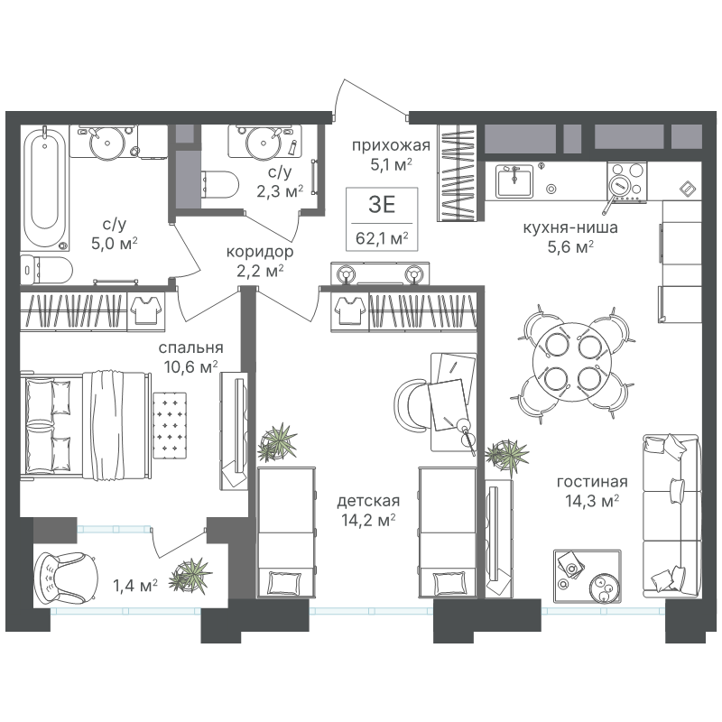 3 ккв (Евро) 60,7 м²
