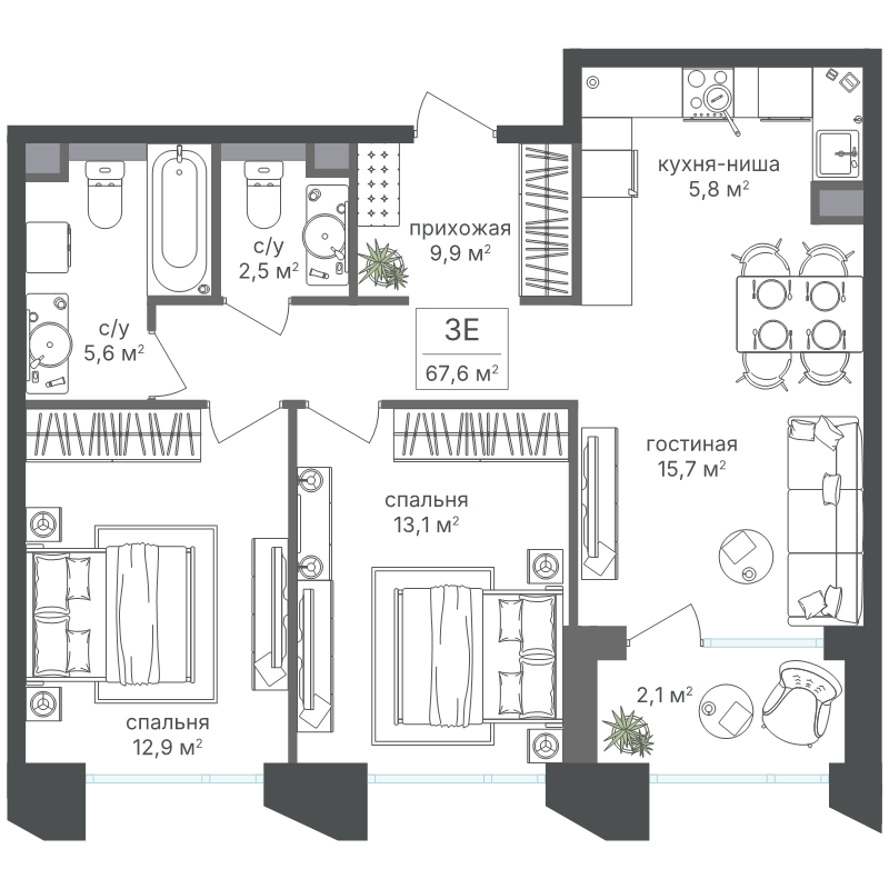 3 ккв (Евро) 67,6 м²
