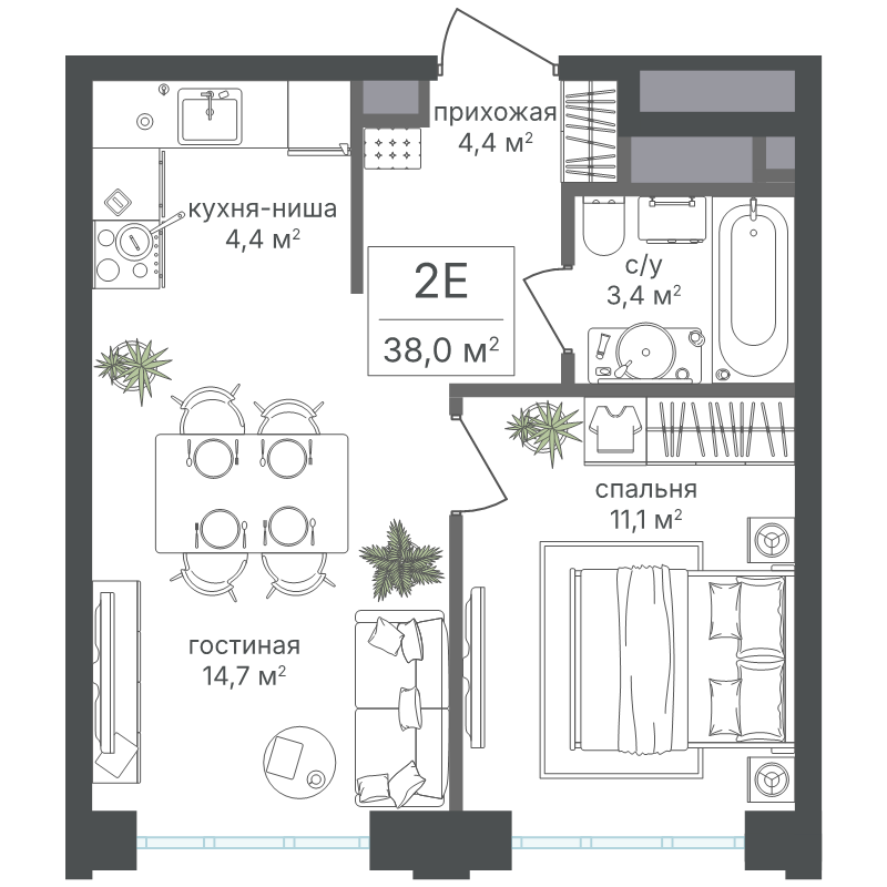 2 ккв (Евро) 38 м²