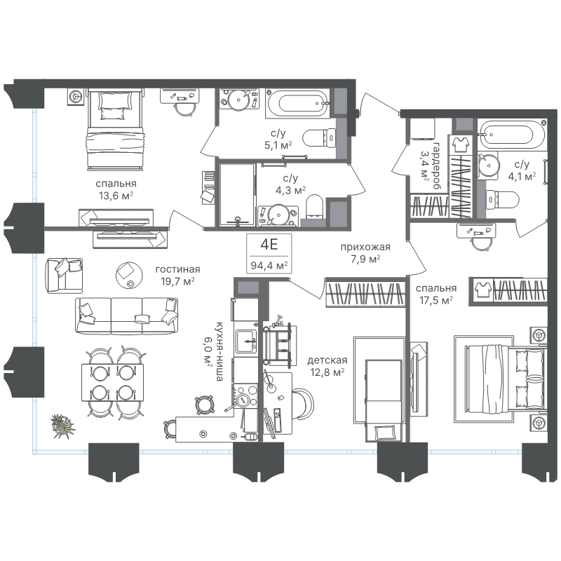 4 ккв (Евро) 94,4 м²