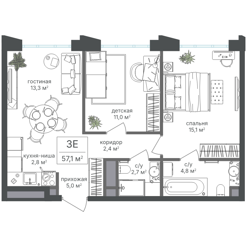 3 ккв (Евро) 57,1 м²