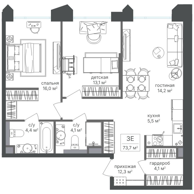 3 ккв (Евро) 73,8 м²
