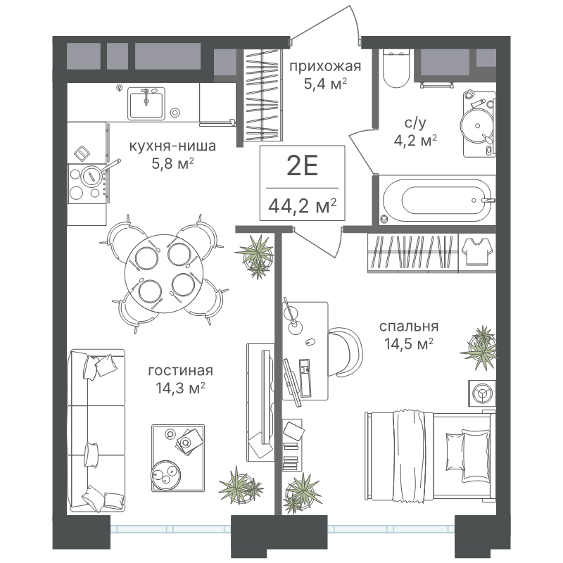 2 ккв (Евро) 44,2 м²