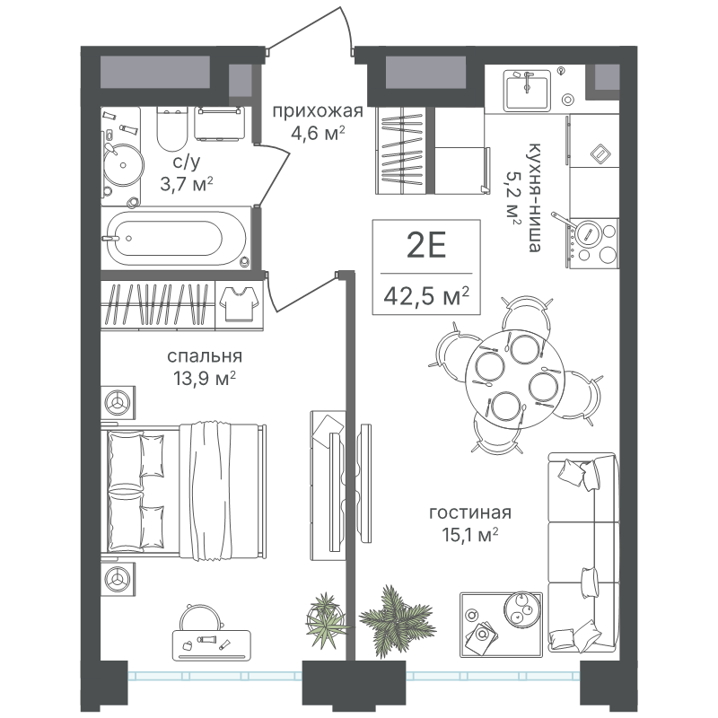 2 ккв (Евро) 42,5 м²