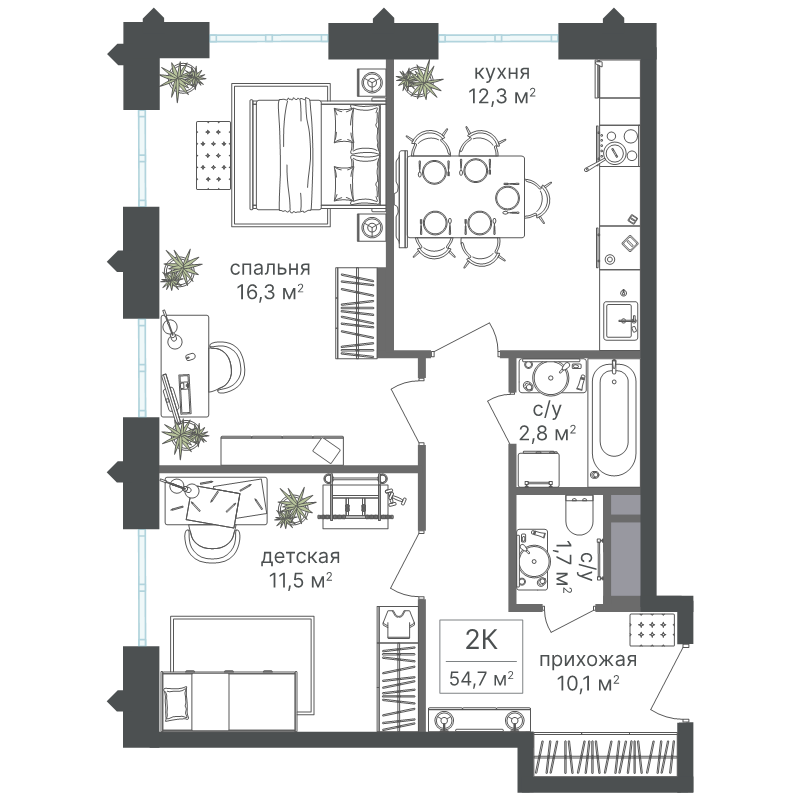 2 ккв 54,7 м²