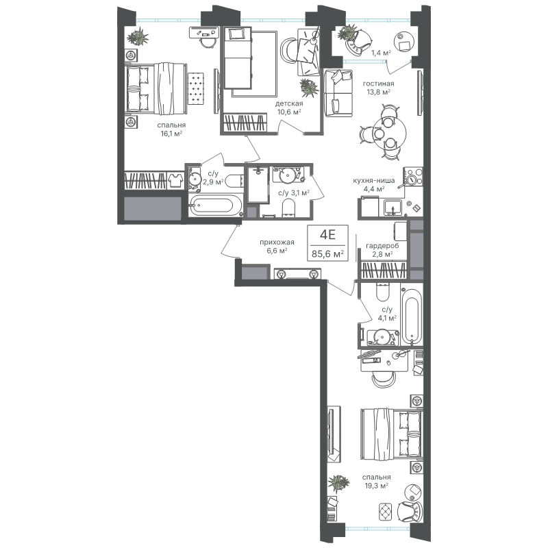 4 ккв (Евро) 85,1 м²
