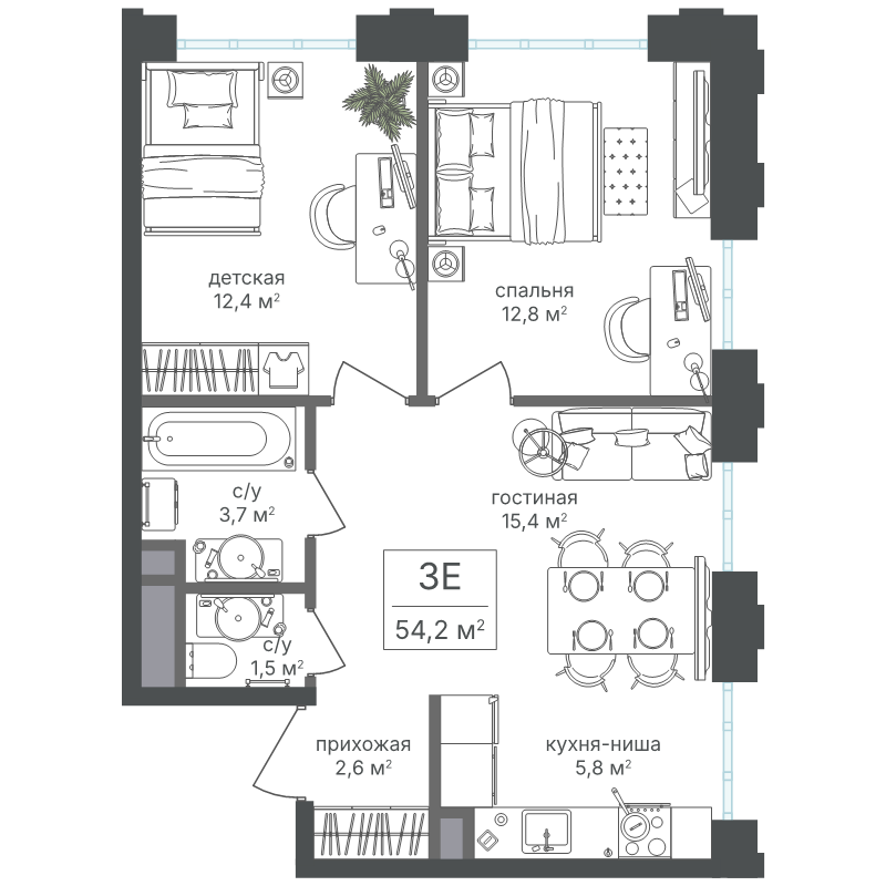 3 ккв (Евро) 54,2 м²