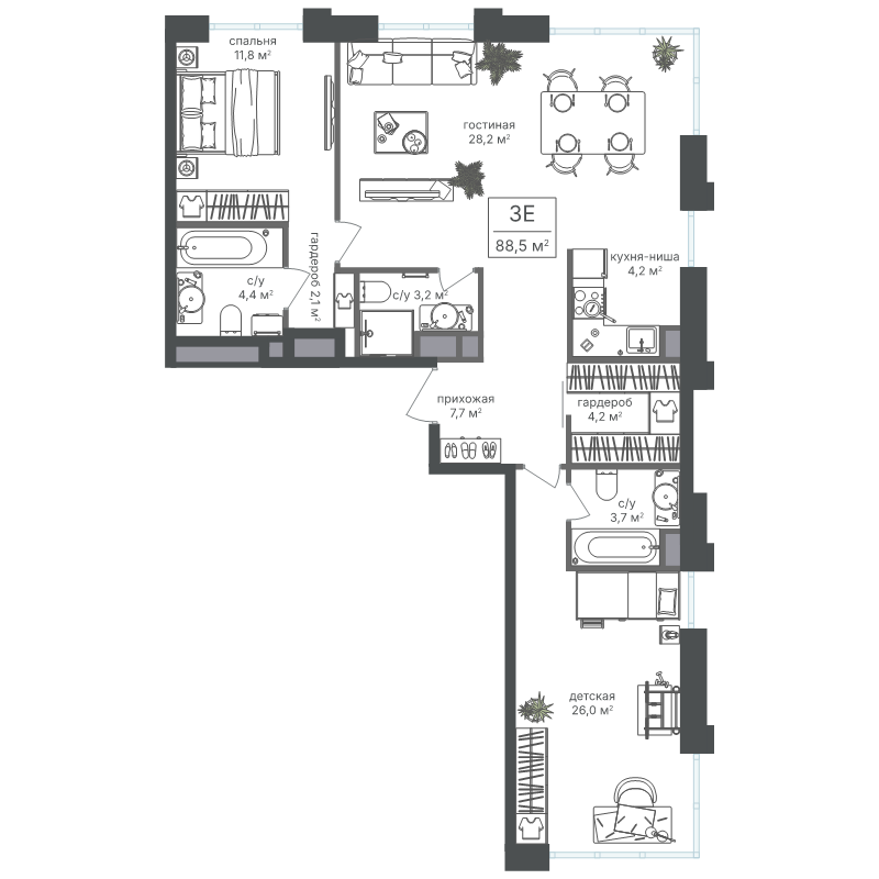 3 ккв (Евро) 88,5 м²