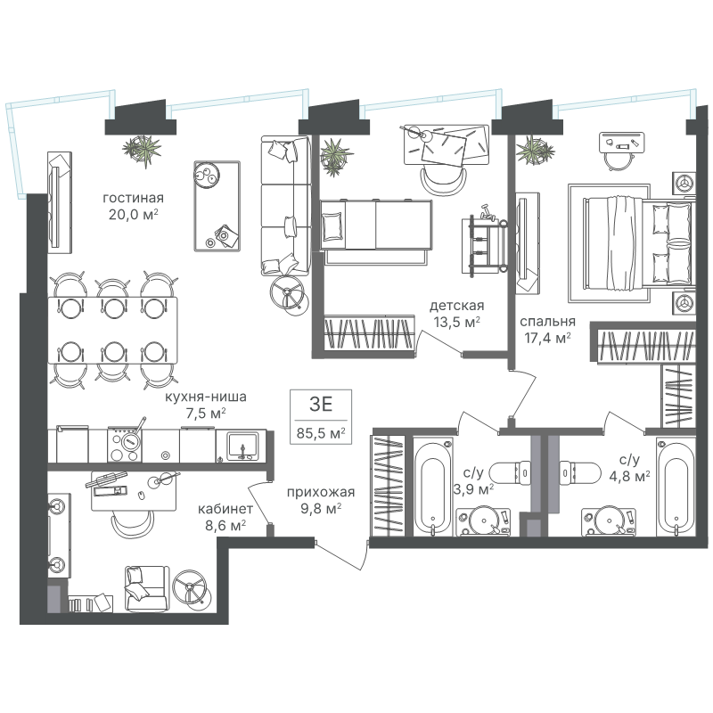3 ккв (Евро) 85,5 м²