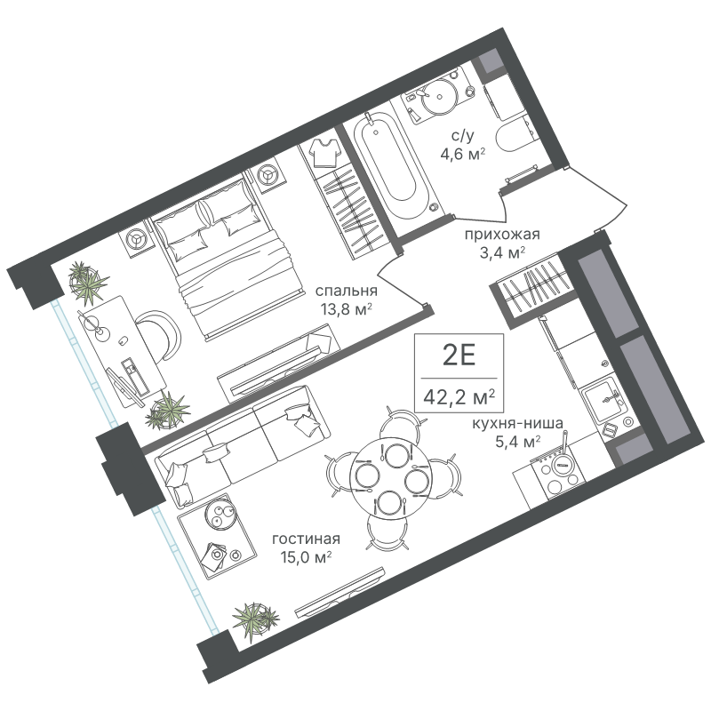 2 ккв (Евро) 42,2 м²