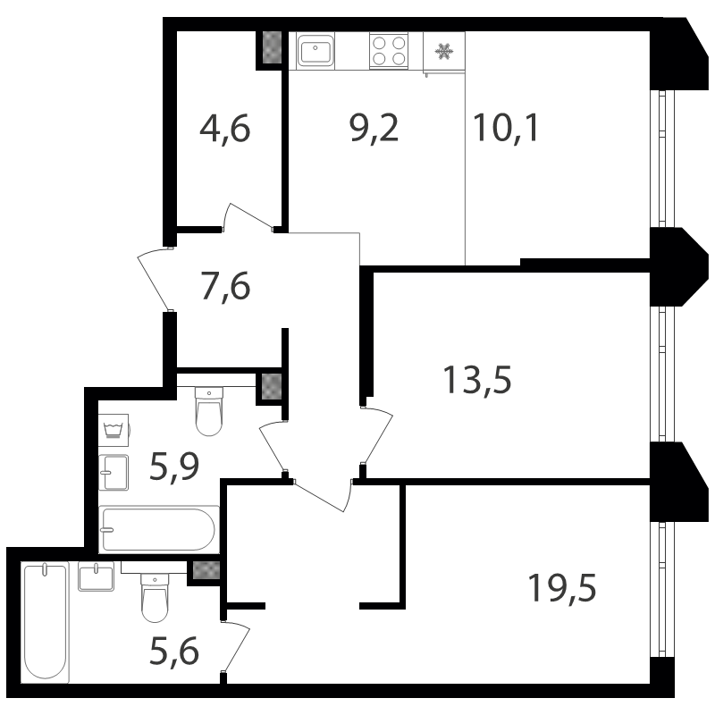 3 ккв (Евро) 75,8 м²