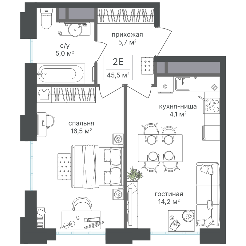 2 ккв (Евро) 46,2 м²