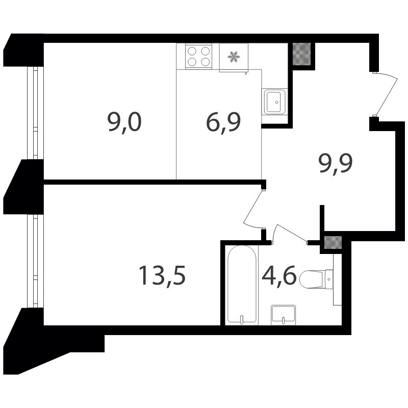 2 ккв (Евро) 43,8 м²