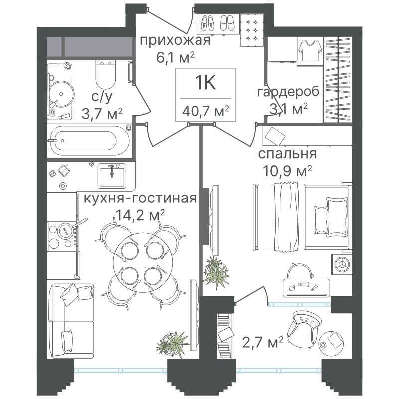 1 ккв 40,7 м²