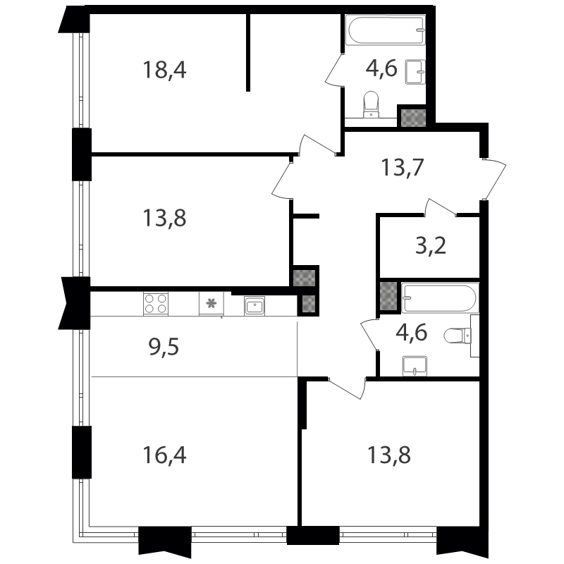 4 ккв (Евро) 97,8 м²