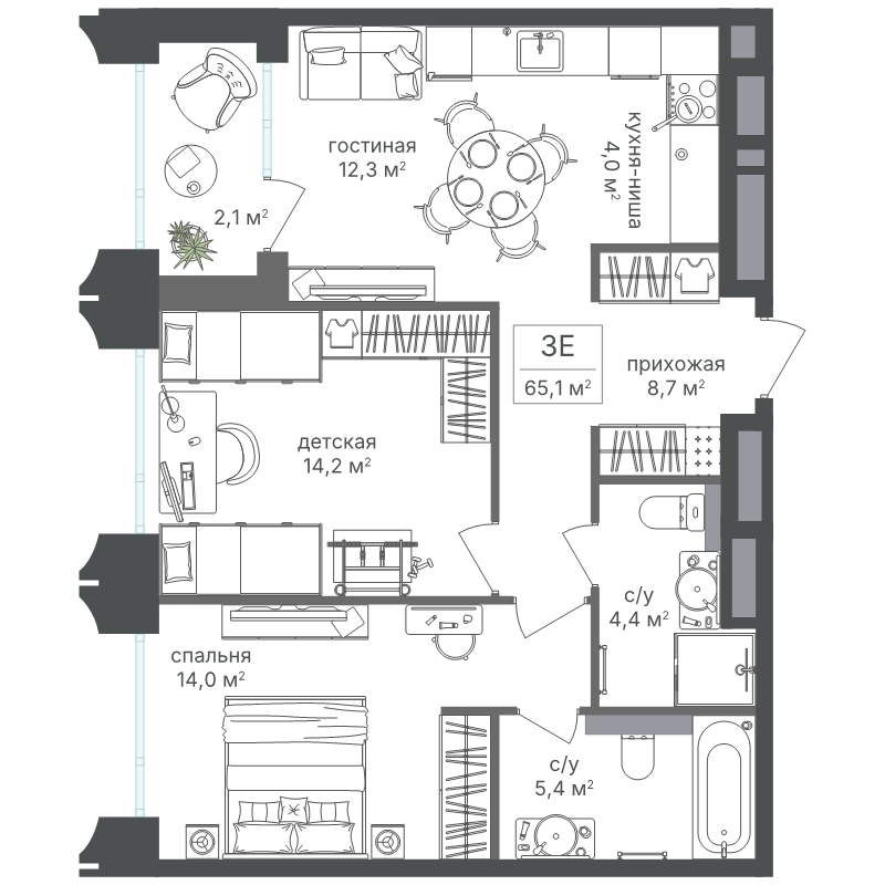 3 ккв (Евро) 65,1 м²