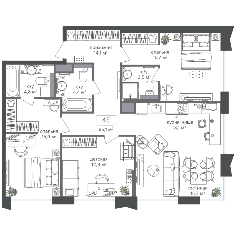 4 ккв (Евро) 95,1 м²
