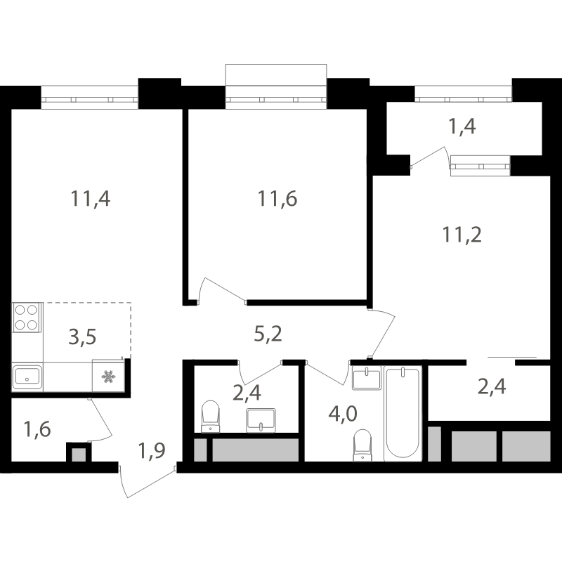 3 ккв (Евро) 57 м²