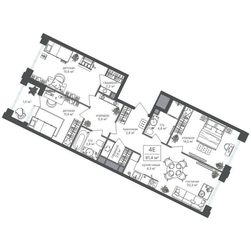 4 ккв (Евро) 89,9 м²