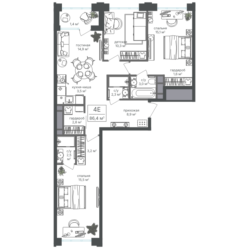4 ккв (Евро) 85 м²