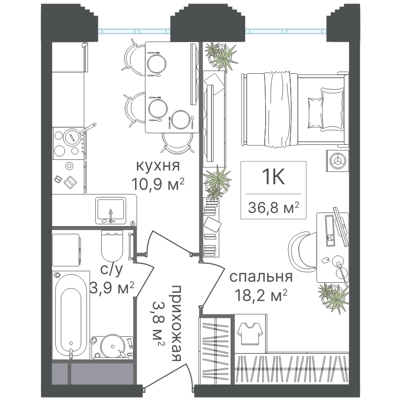 1 ккв 36,8 м²