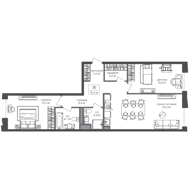 3 ккв (Евро) 79 м²