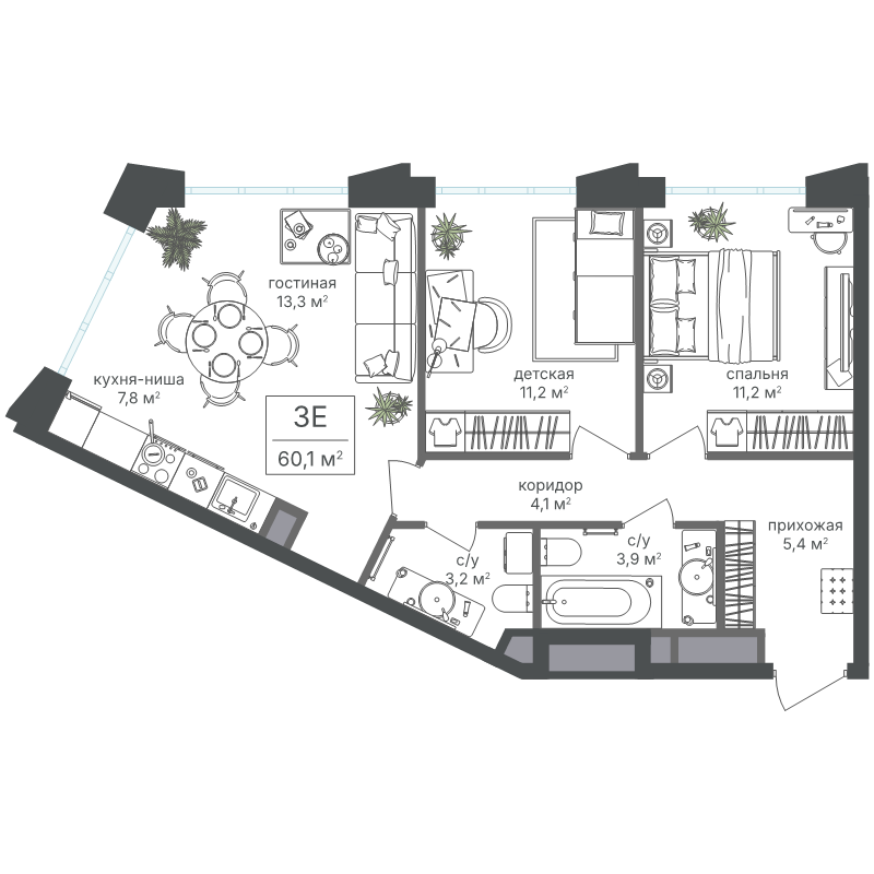 3 ккв (Евро) 60,1 м²
