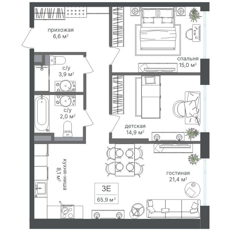 3 ккв (Евро) 74,4 м²