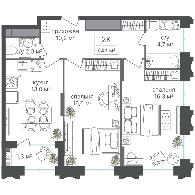 2 ккв 64,1 м²