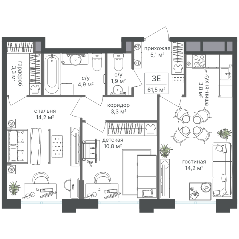 3 ккв (Евро) 61,5 м²