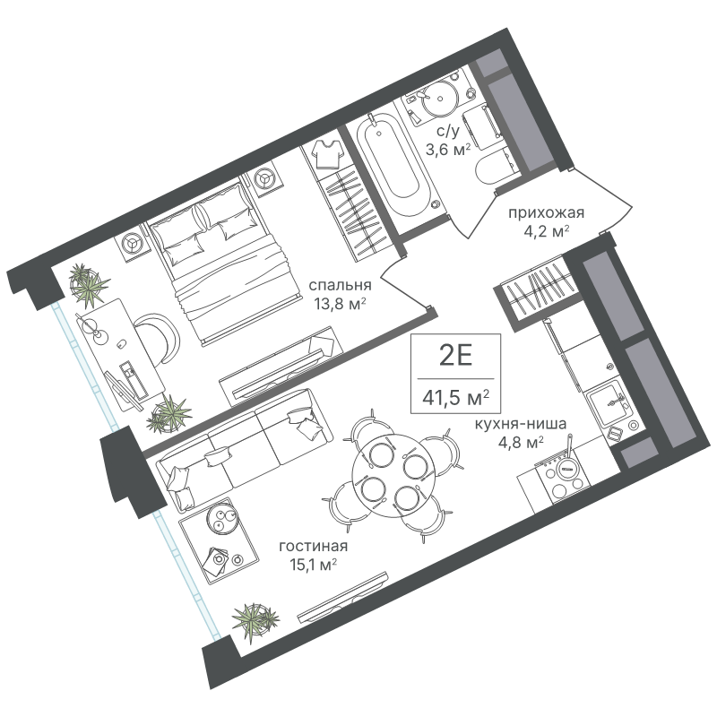 2 ккв (Евро) 41,5 м²