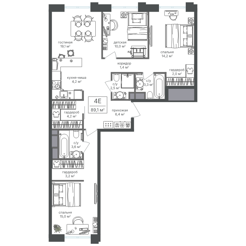 4 ккв (Евро) 89,1 м²