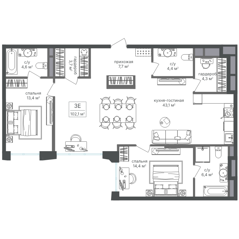 3 ккв (Евро) 102,4 м²