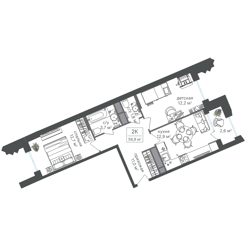 2 ккв 56,9 м²