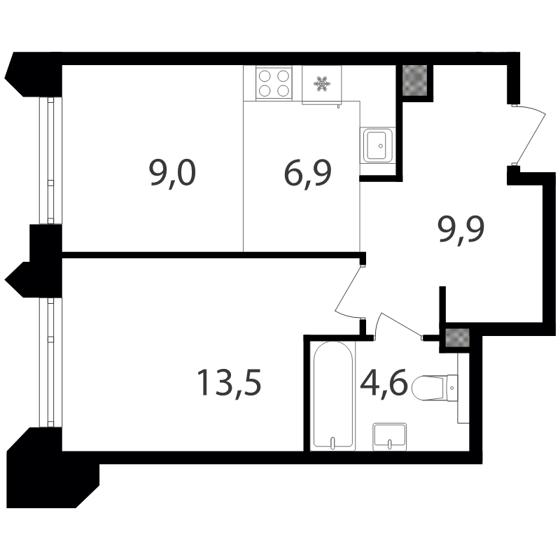 2 ккв (Евро) 44,1 м²