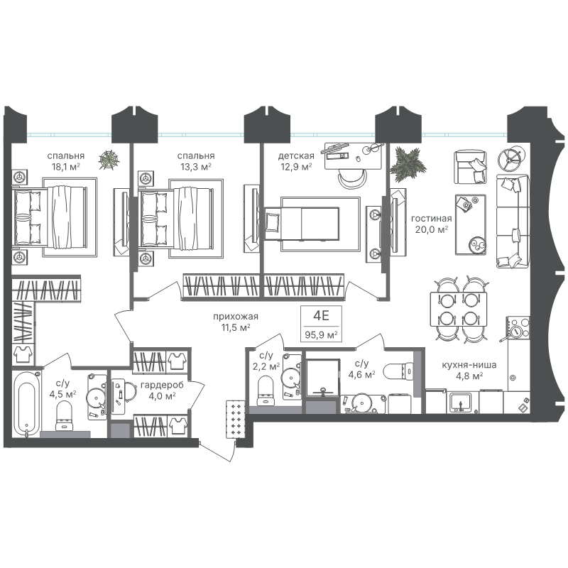 4 ккв (Евро) 96,6 м²