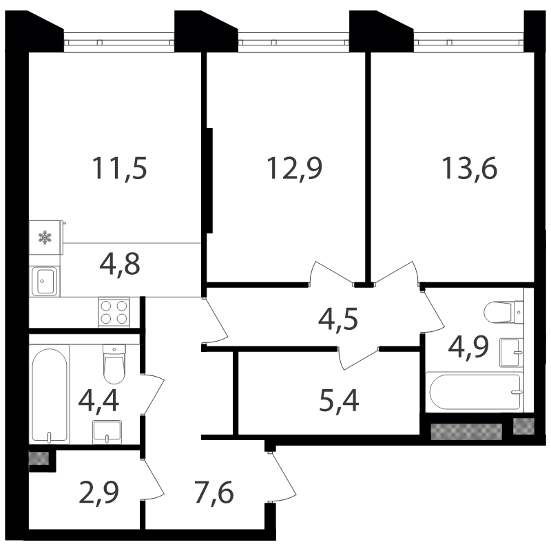 3 ккв (Евро) 72,9 м²