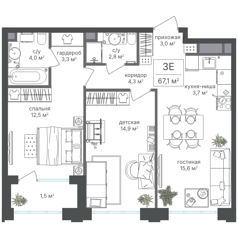 3 ккв (Евро) 65,6 м²
