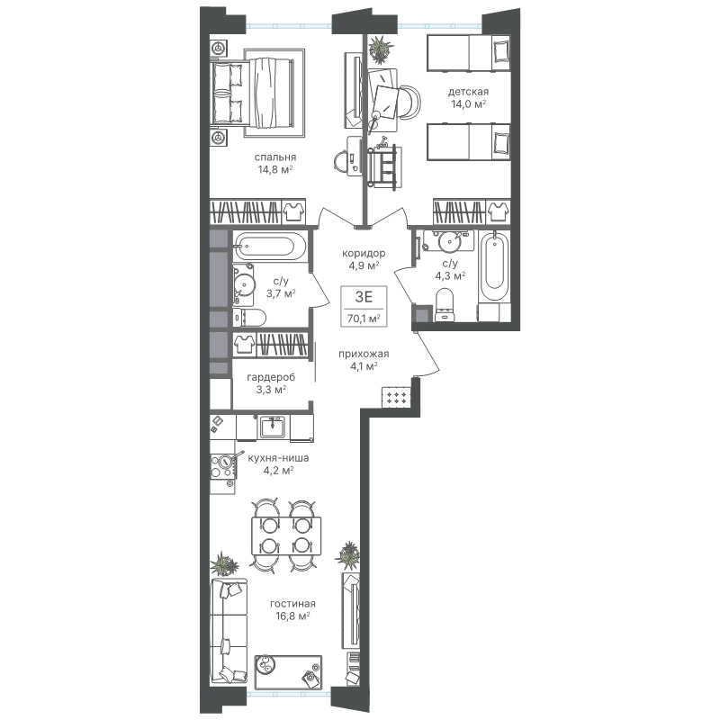 3 ккв (Евро) 70,8 м²