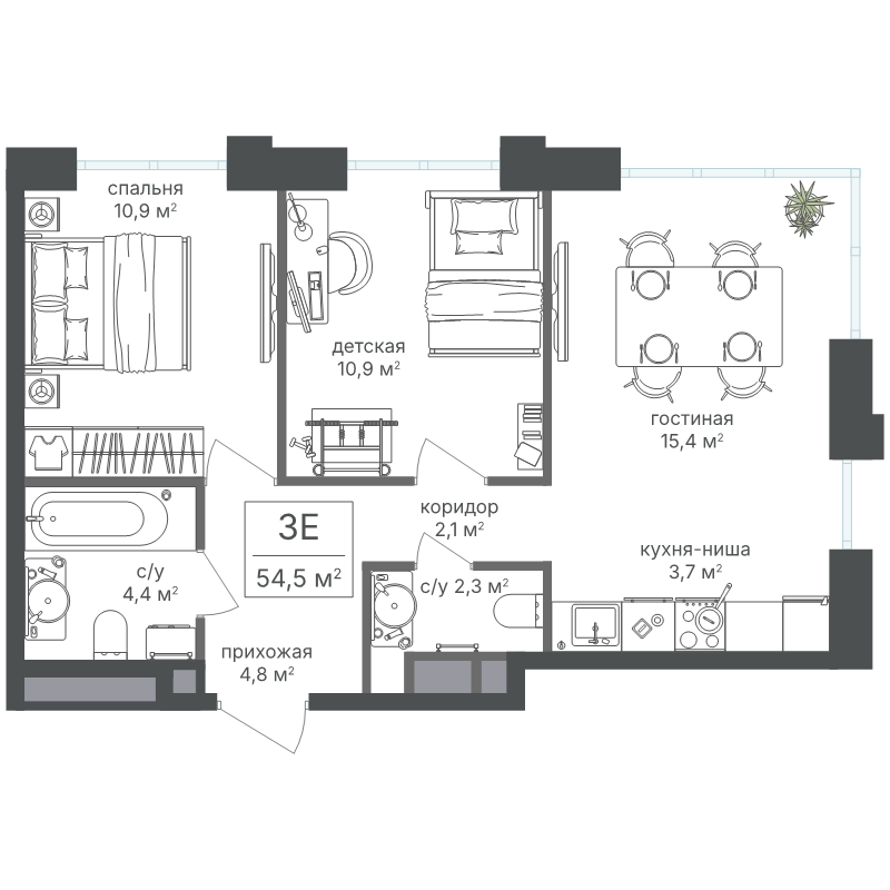 3 ккв (Евро) 54,5 м²