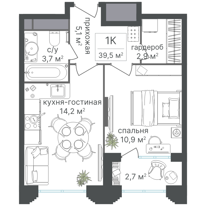 1 ккв 39,5 м²