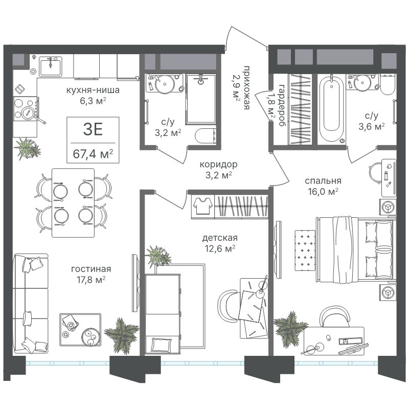 3 ккв (Евро) 67,4 м²
