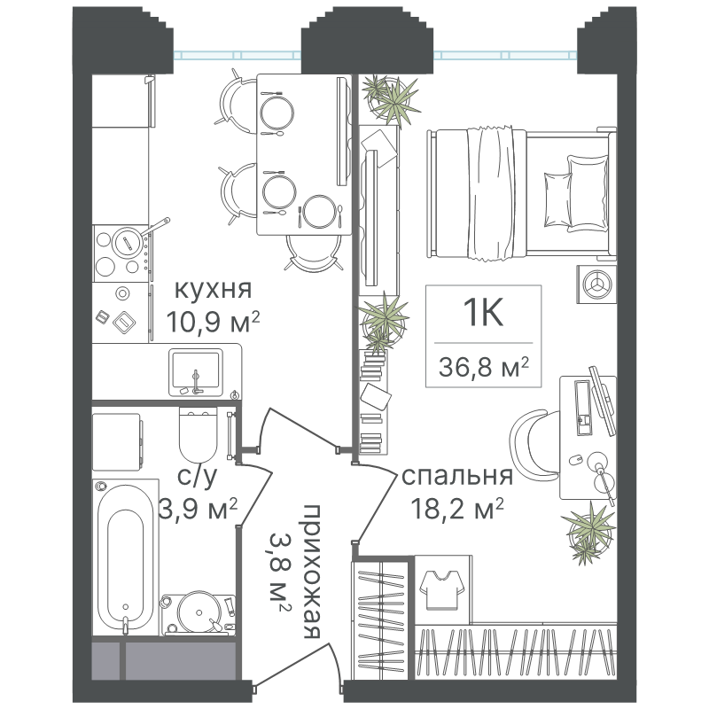 1 ккв 36,8 м²